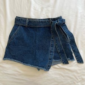 Dark denim mini skort with removable matching tie waist belt